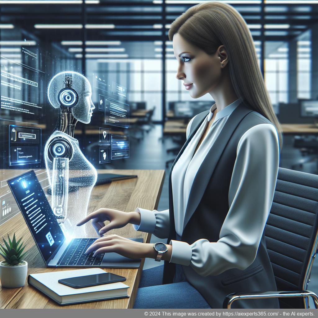 A professional-looking woman interacting with a computer displaying a WordPress site featuring a chatbot interface.