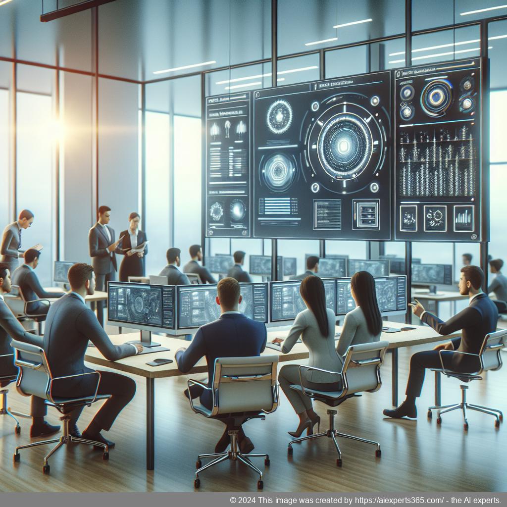 A visual representation of a diverse team collaborating around a computer screen displaying a multi-department chatbot interface.