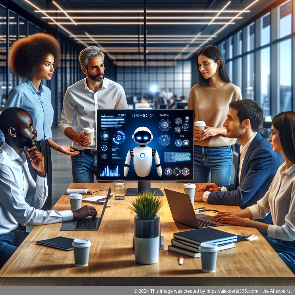 An illustration depicting a diverse group of professionals collaborating through an AI-powered multi-department chatbot interface in a modern office setting.