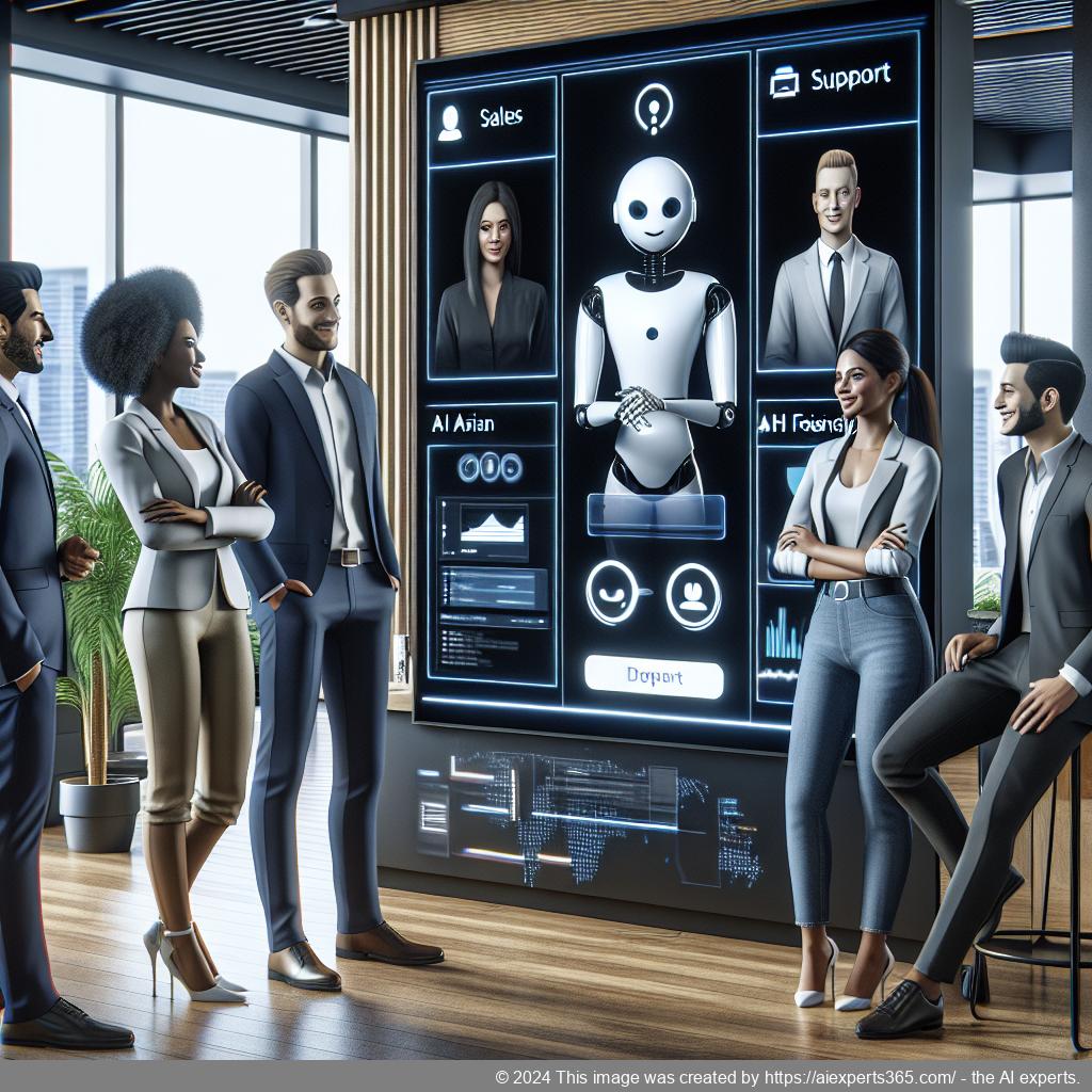 A visual representation of a customized multi-department chatbot assisting users from various business sectors.