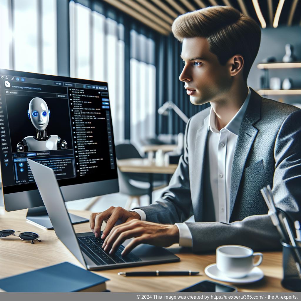 A visual representation of a business professional interacting with an AI chatbot on a computer screen showcasing the WordPress ChatGPT Chatbot Plugin.