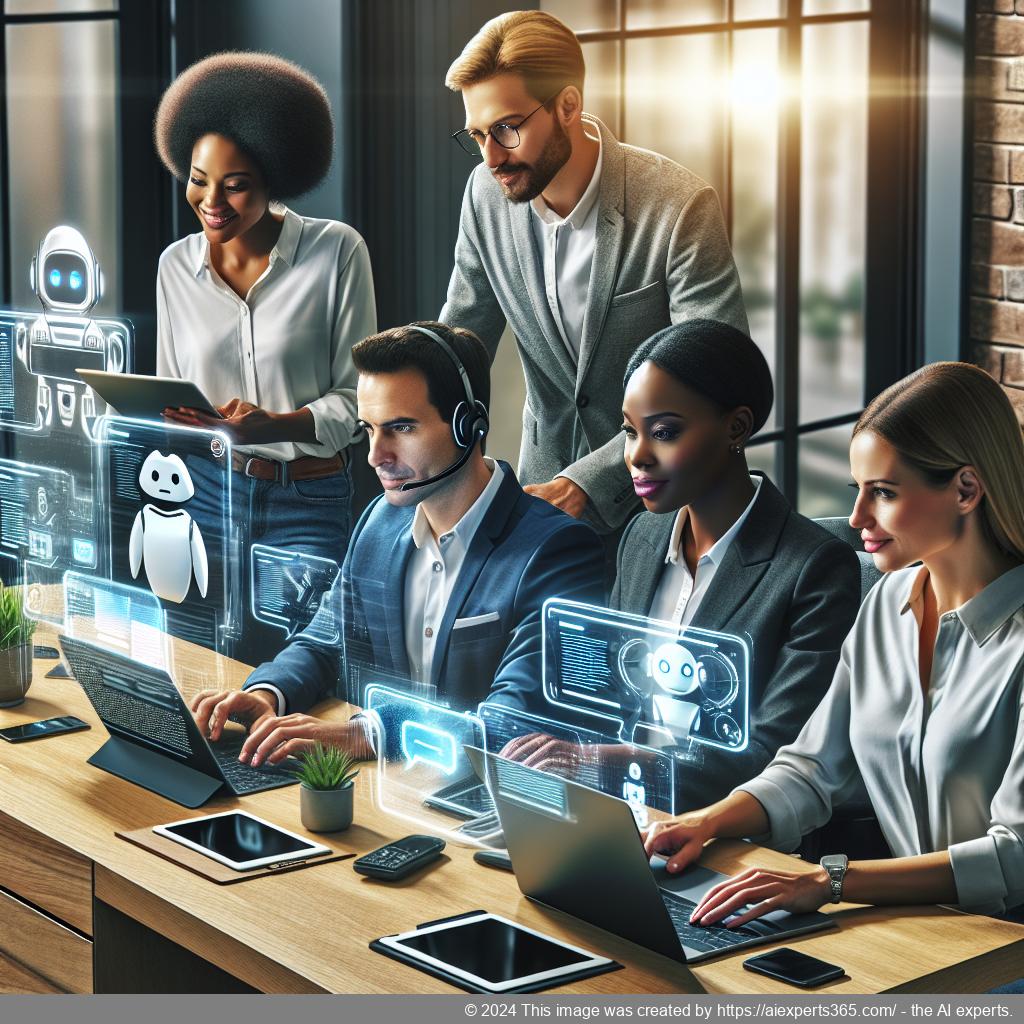 A visual representation of a diverse team collaborating around advanced technology tools like chatbots for improved customer support.