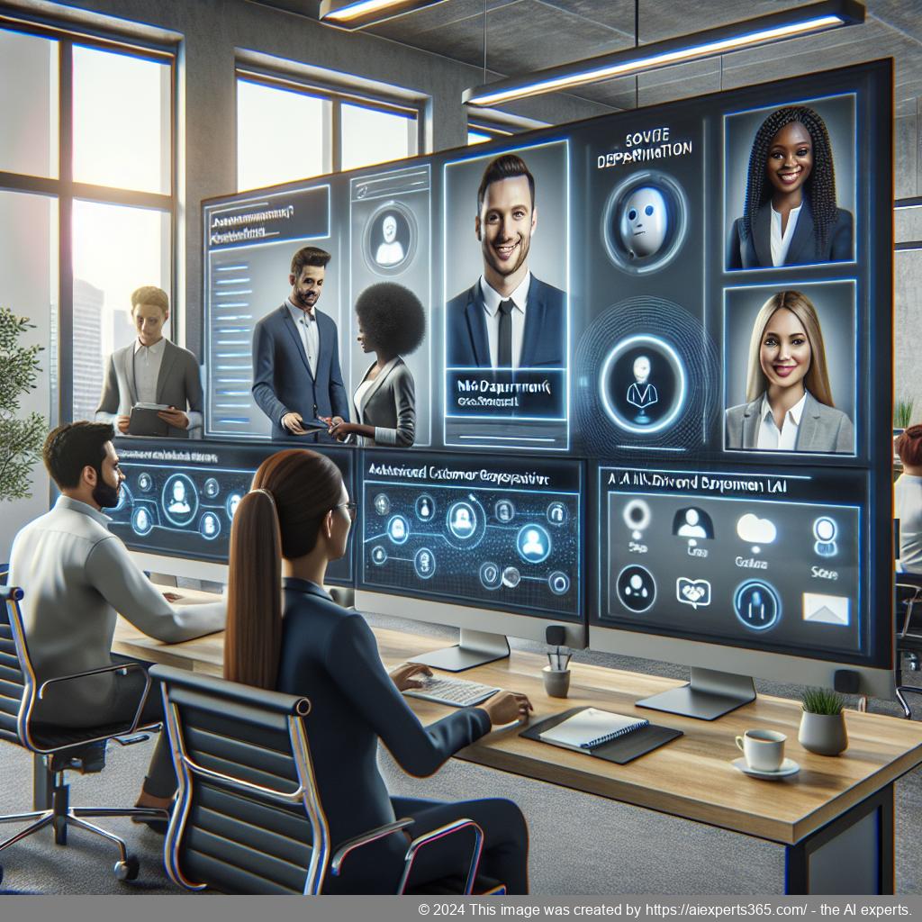 A visual representation of a multi-department chatbot assisting various business functions such as sales, support, and marketing.