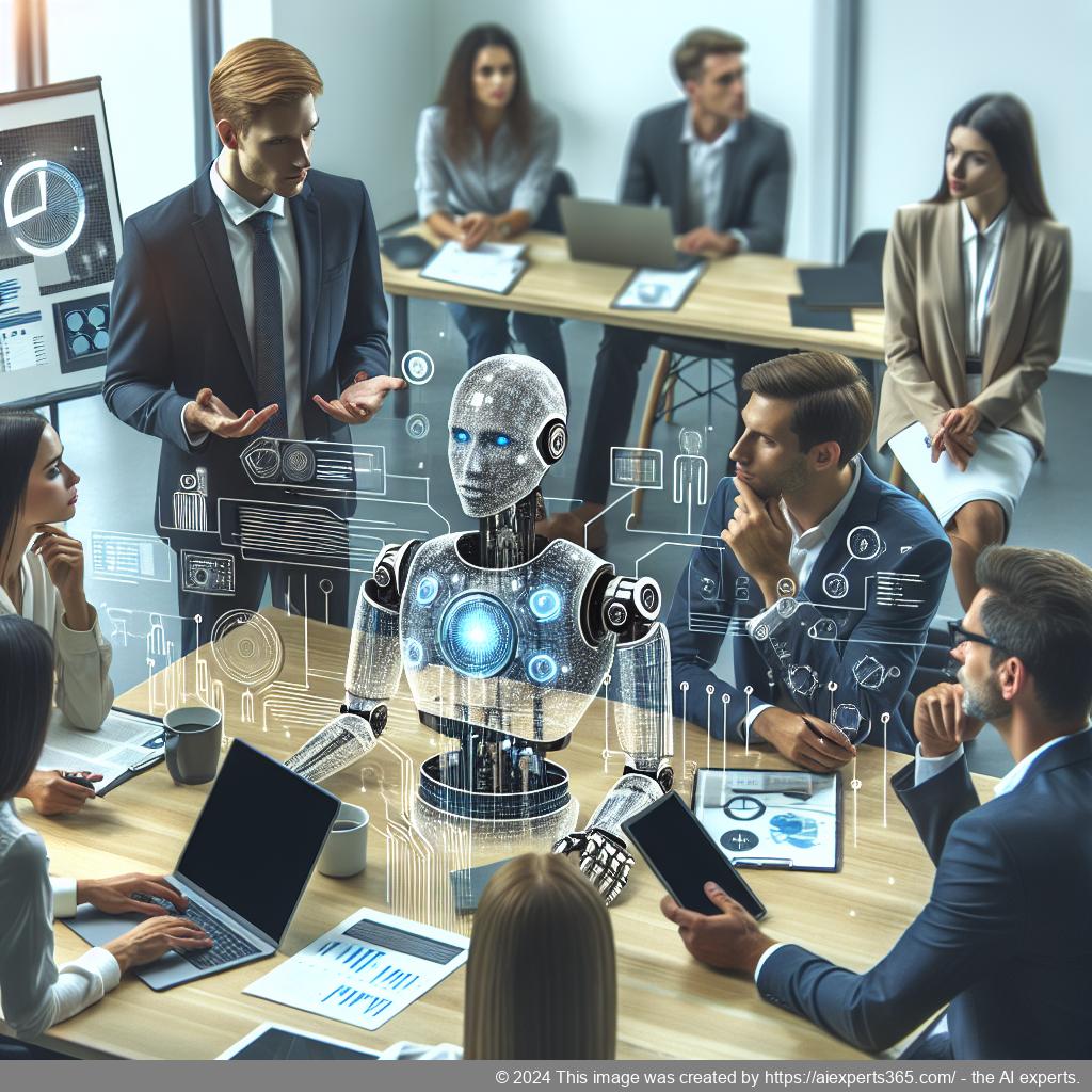 A professional setting showcasing a diverse team discussing strategies around implementing a multi-department chatbot for enhanced customer engagement.