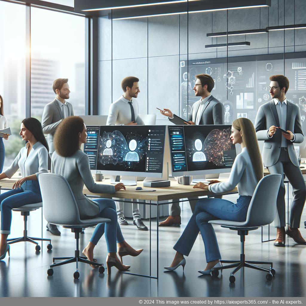 A professional setting showcasing diverse employees collaborating around a computer displaying a multi-department chatbot interface.
