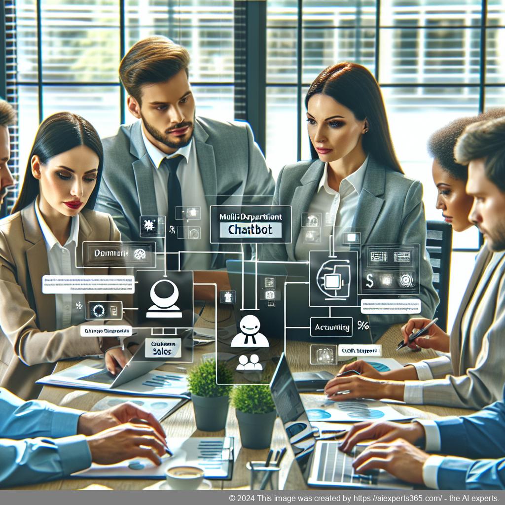 A visual representation of an advanced multi-department chatbot assisting customers through various business functions like sales and support.