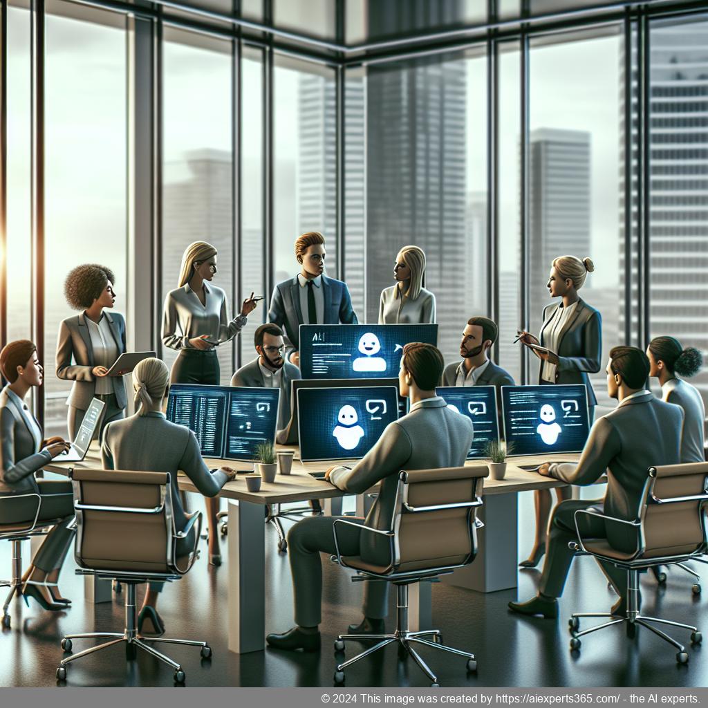 A professional setting showcasing a diverse team using an AI-driven chatbot on their laptops for enhanced customer service.