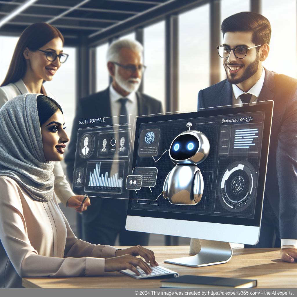 A professional setting showcasing a diverse group of people engaging with a digital interface representing a WordPress chatbot solution.