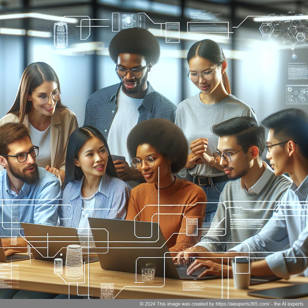 A professional setting showcasing a diverse group collaborating over technology while discussing optimization strategies for a multi-department chatbot.