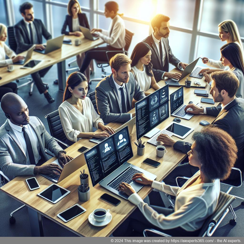 A diverse group of professionals collaborating using a multi-department chatbot interface on their devices.