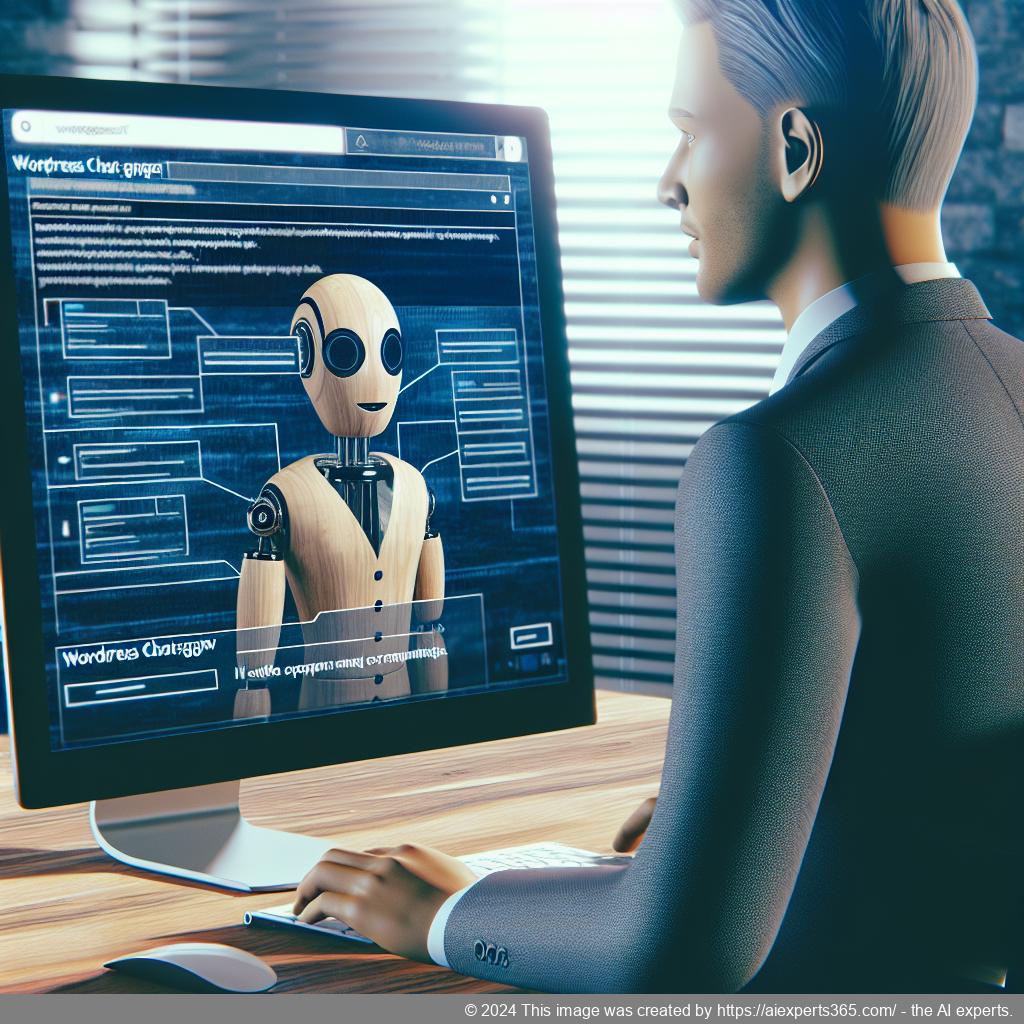 A professional setting showcasing a person interacting with a computer displaying the WordPress ChatGPT chatbot interface.