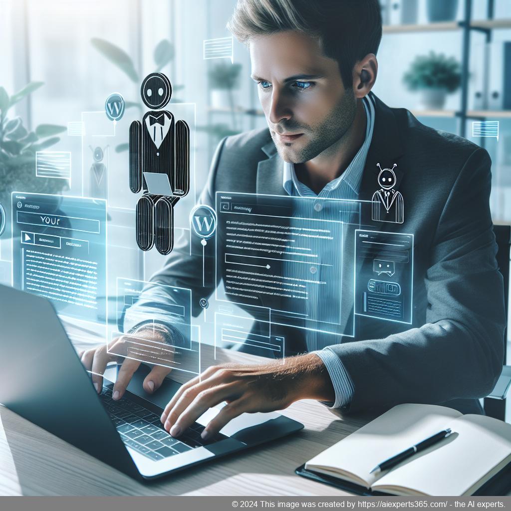 A visual representation of a professional using the WordPress ChatGPT chatbot plugin on a laptop, showcasing enhanced online engagement.