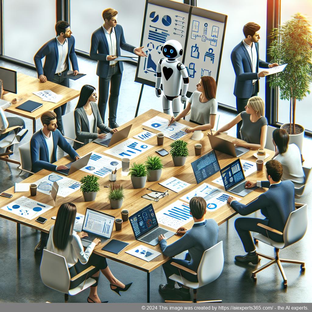 A professional team discussing strategies for implementing a multi-department chatbot in an office setting.