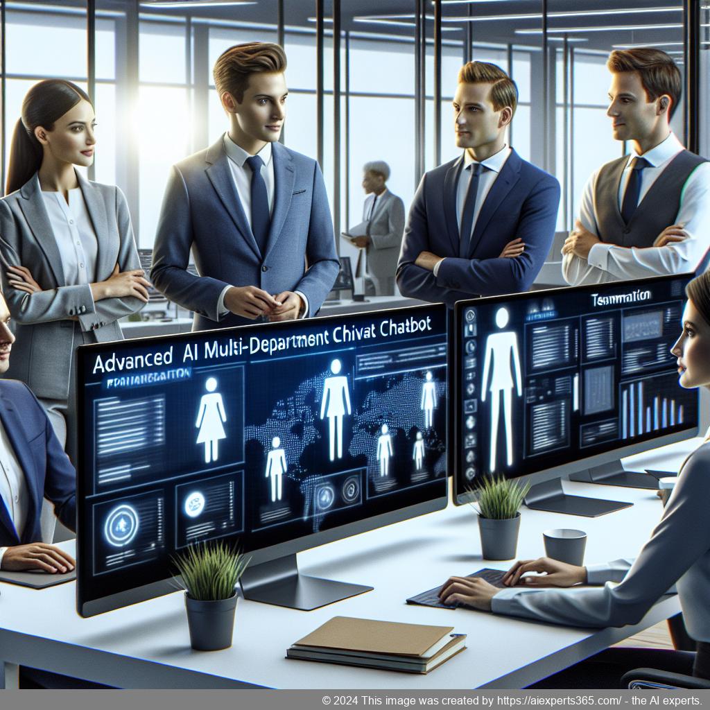 An illustration showing a diverse team interacting with an AI-powered multi-department chatbot in a modern office setting.
