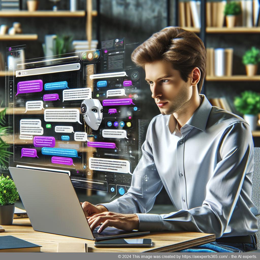 A professional setting showcasing a person interacting with a digital interface displaying a chatbot conversation on a laptop.