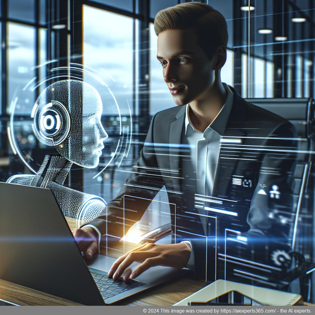 A visually engaging image depicting a professional setting where a person interacts with a WordPress ChatGPT chatbot interface on their laptop.