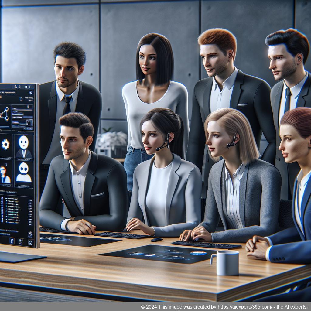 A diverse group of professionals collaborating around a computer screen discussing features of a multi-department chatbot.