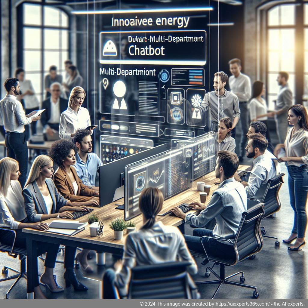 A professional setting showing employees collaborating around a computer screen displaying a multi-department chatbot interface.