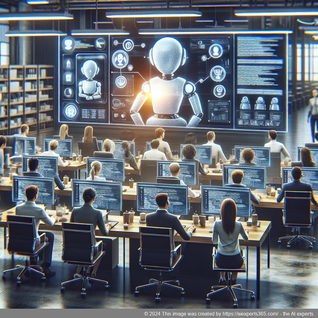 A professional setting showcasing a diverse team collaborating over technology solutions including a multi-department chatbot interface.