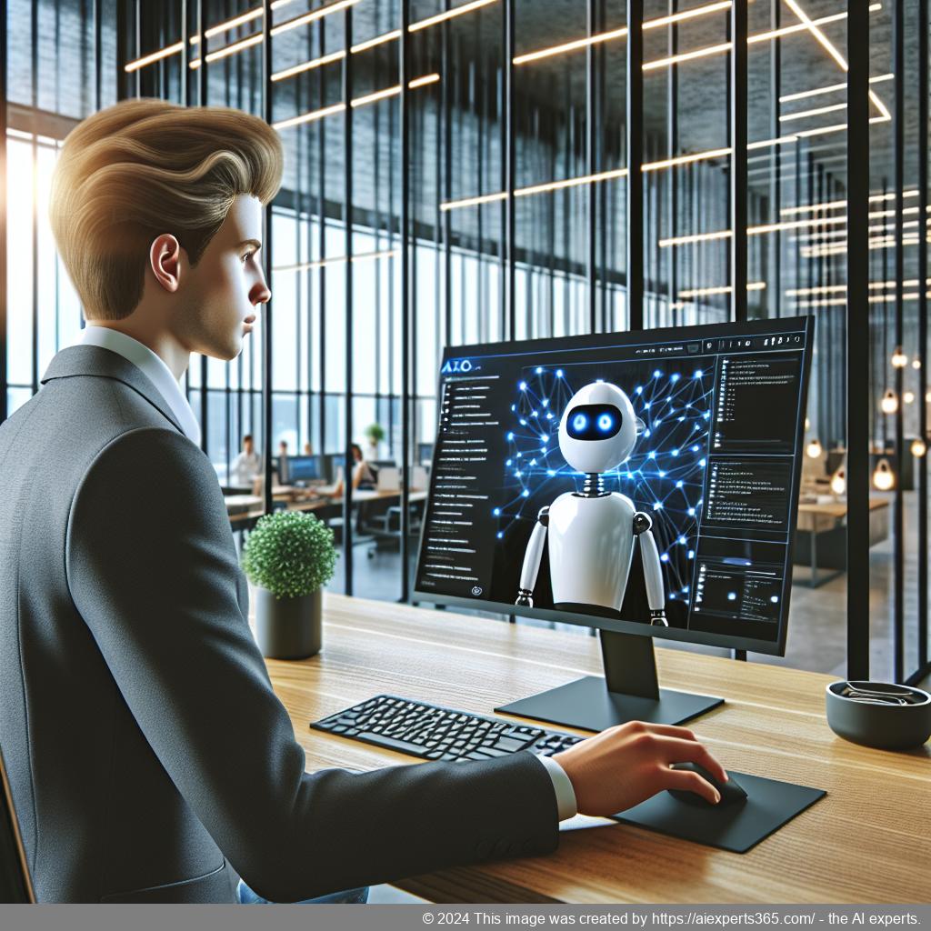 A visual representation showcasing a modern workspace with a computer displaying a friendly AI chatbot interface designed for enhancing user experience on WordPress websites.