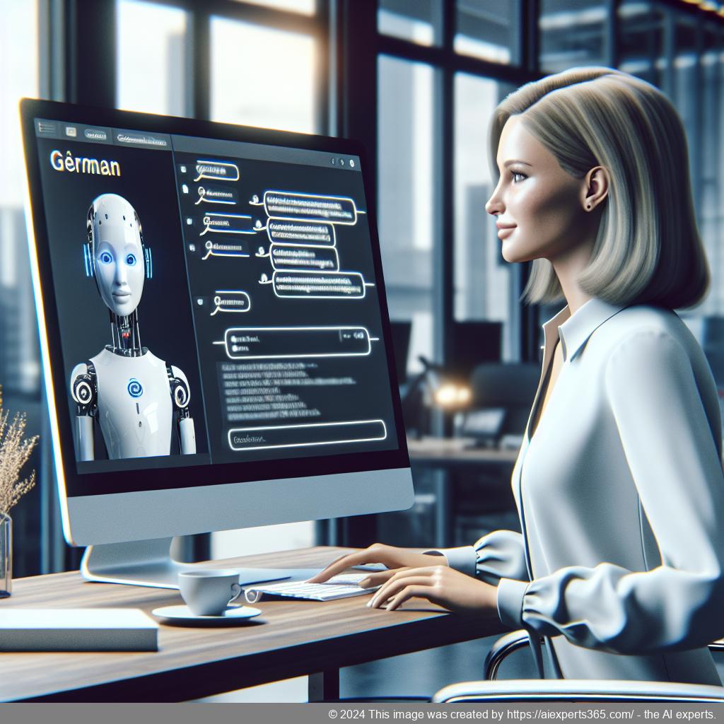A professional-looking German-speaking person interacting with a computer displaying a chat interface showcasing a WordPress AI Chatbot.