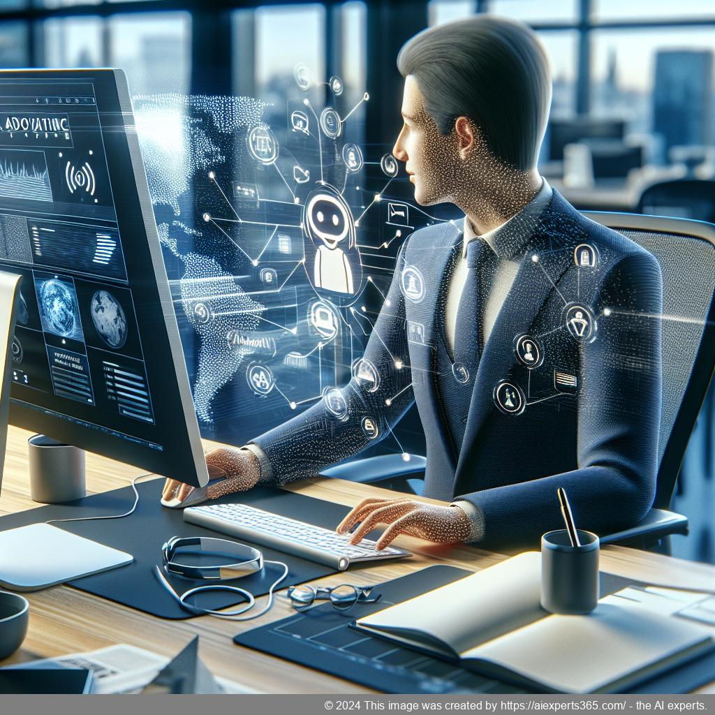 A professional setting showcasing an individual interacting with an advanced AI-driven chatbot interface on a computer screen.