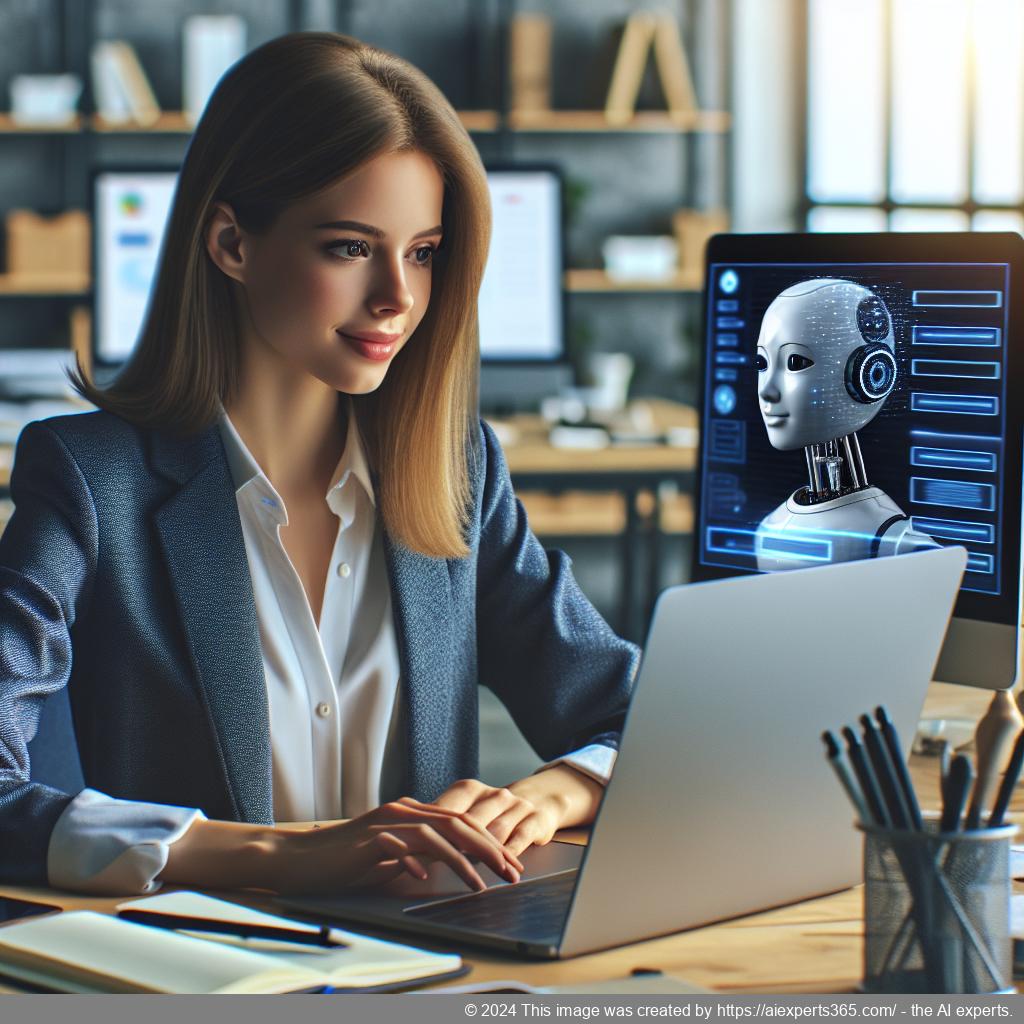 A professional woman interacting with an AI chatbot on a laptop screen while sitting at her desk.