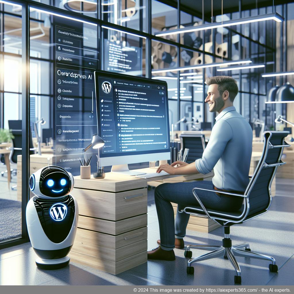 An illustration depicting a modern office environment where a friendly German-speaking person interacts with an advanced WordPress AI chatbot on a computer screen.