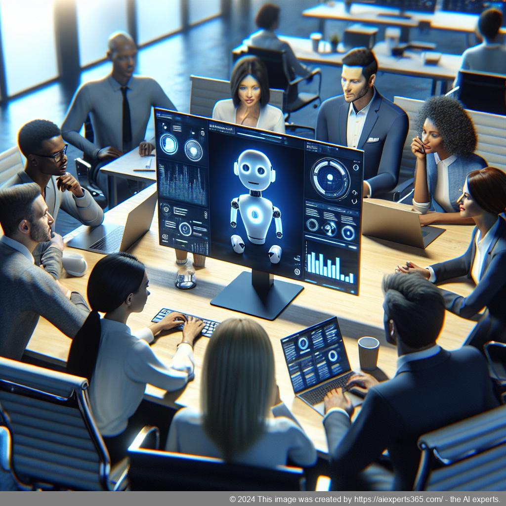 A professional setting showcasing a diverse group of individuals collaborating over a laptop featuring an interface of an advanced WordPress AI chatbot.