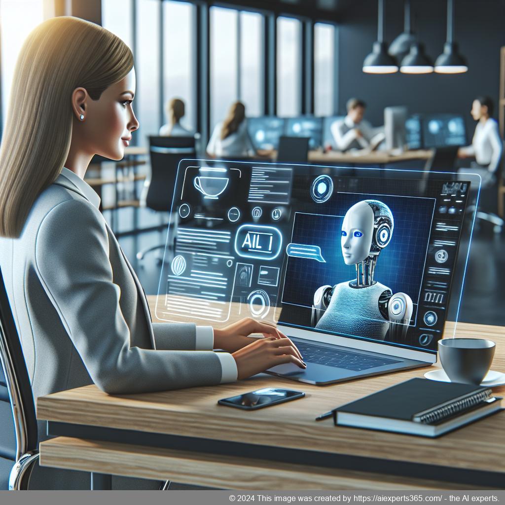 A professional setting showcasing a person interacting with an advanced WordPress AI chatbot interface on a laptop.