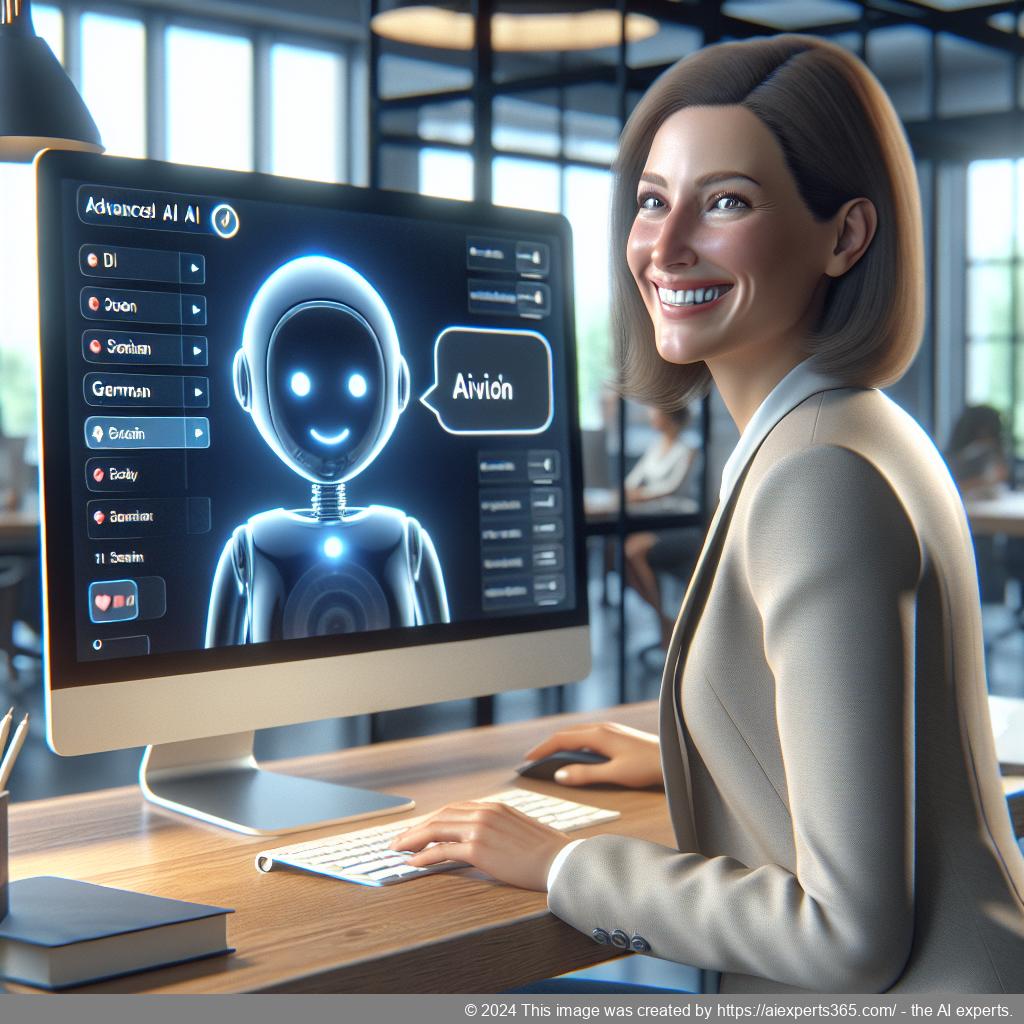 A visual representation of a friendly German-speaking AI chatbot assisting users on a website, showcasing features like personalized responses and analytics.