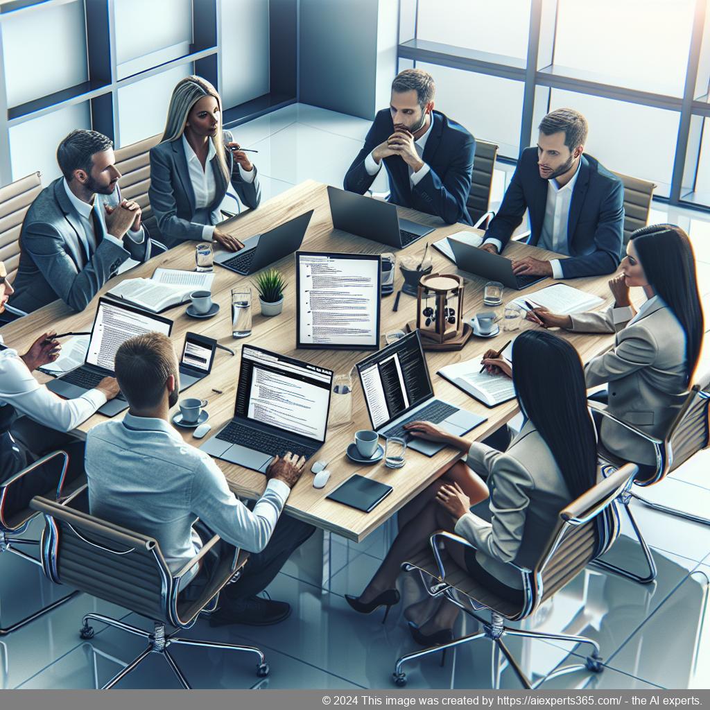 A professional setting showcasing a diverse team discussing strategies around implementing an advanced WordPress AI chatbot.