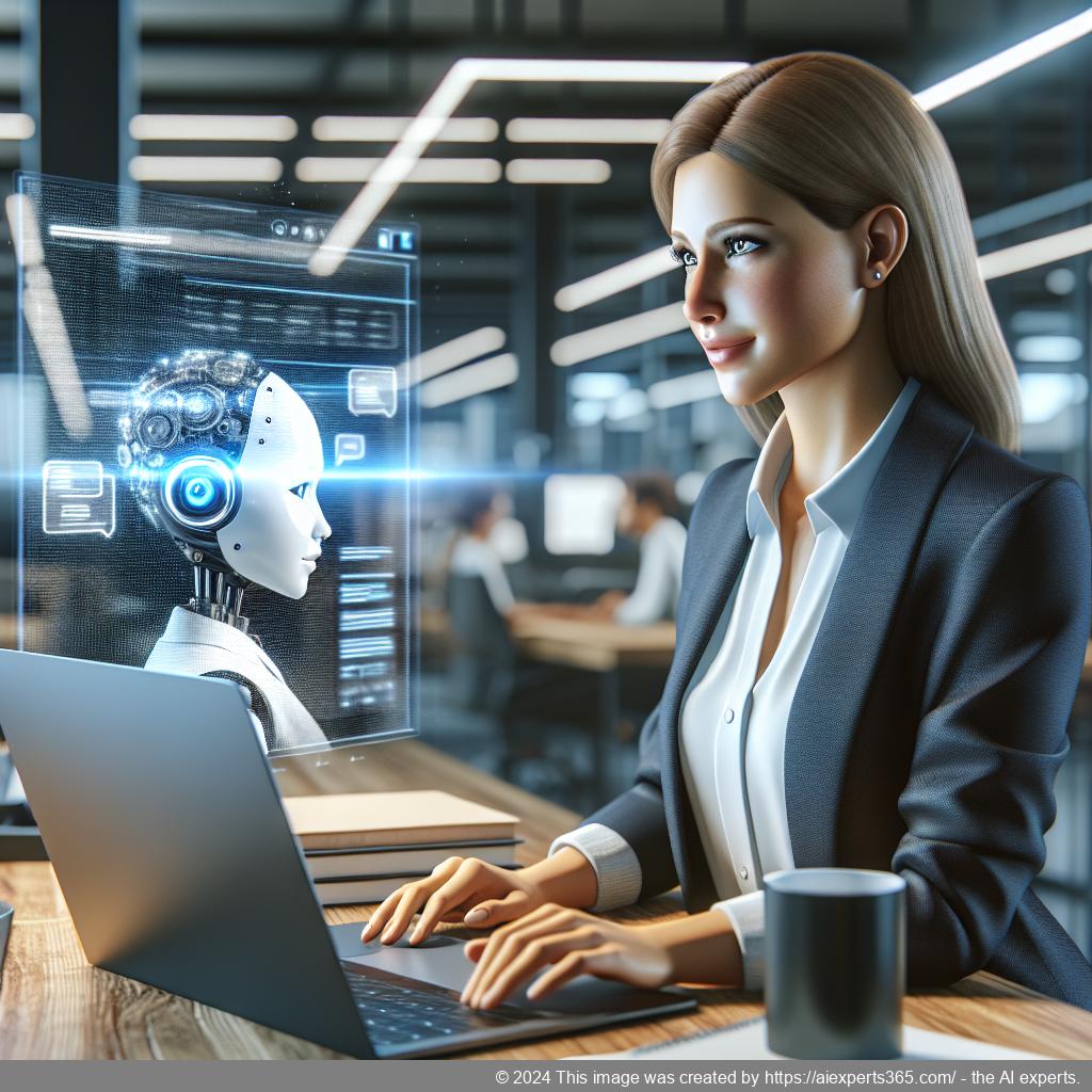 A professional-looking woman interacting with a digital interface showcasing a WordPress AI Chatbot for enhanced customer service.