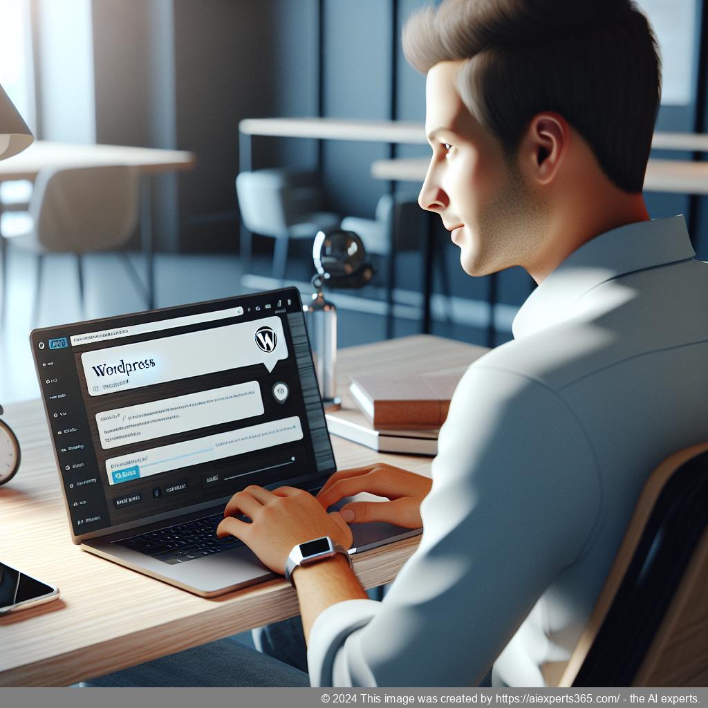 A professional setting showing a person interacting with a WordPress chatbot on their laptop, symbolizing enhanced customer engagement.
