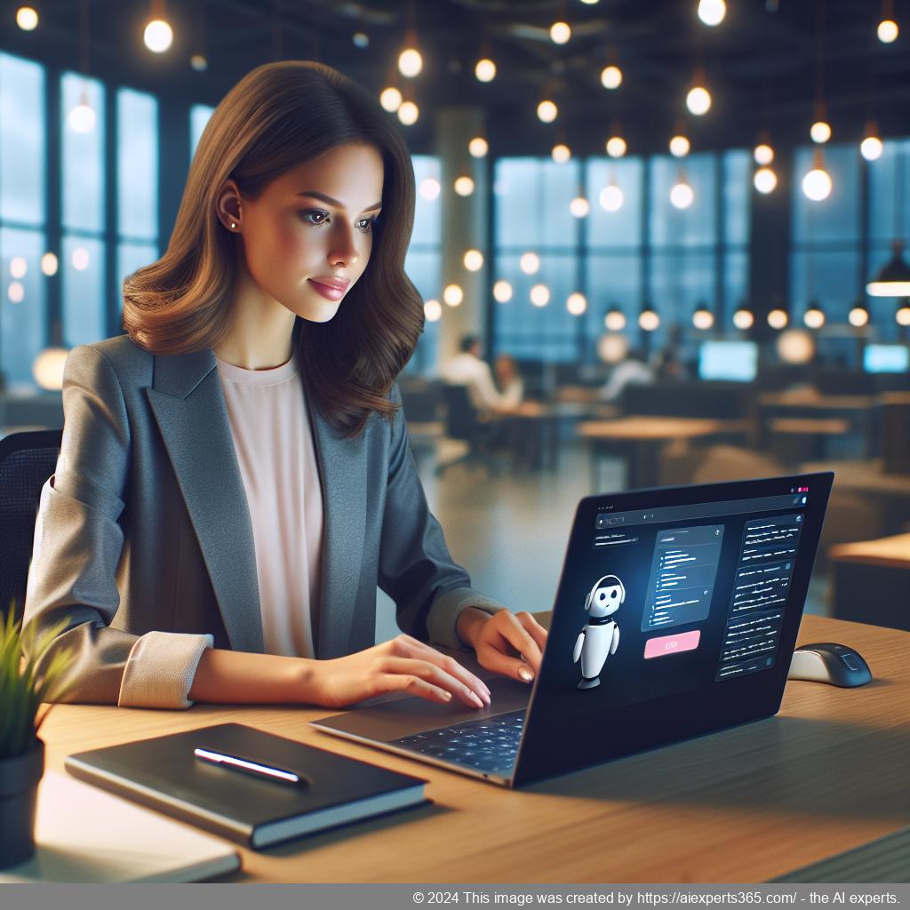 A professional looking person interacting with a WordPress chatbot on a laptop screen, showcasing enhanced customer service through technology.