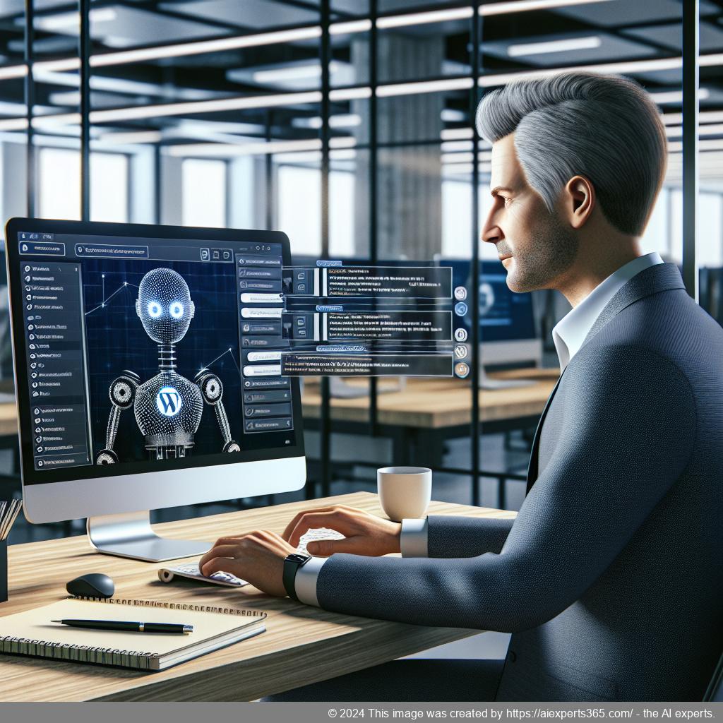 A professional-looking German or Western European individual interacting with an AI-powered WordPress chatbot on their laptop.
