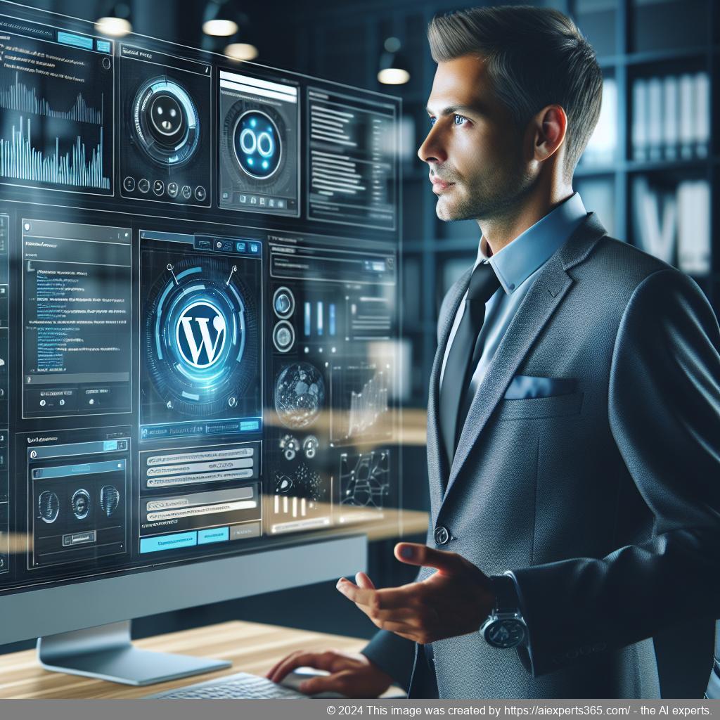 A professional setting showing a person interacting with a computer displaying a WordPress chatbot interface designed for enhanced customer engagement.