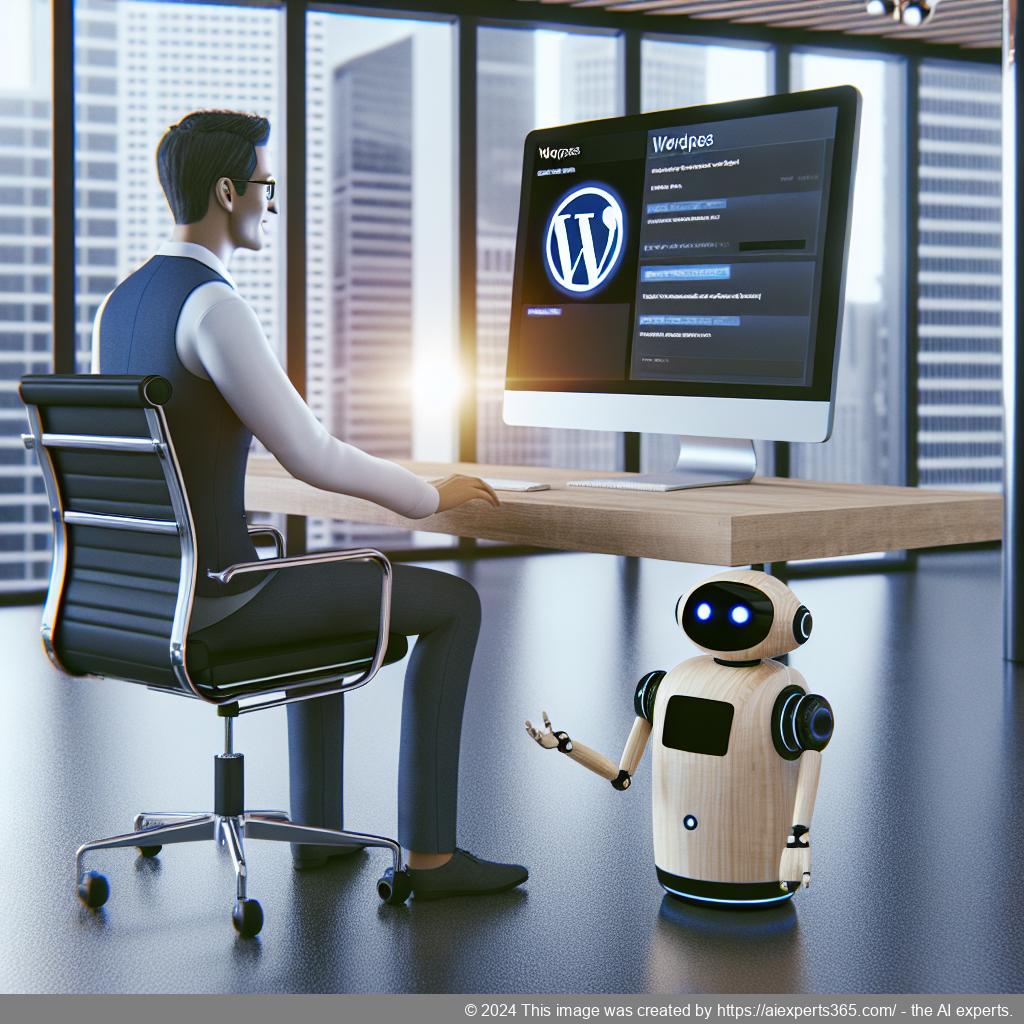 An illustration showing a friendly AI-driven WordPress chatbot interacting with users on a website interface.