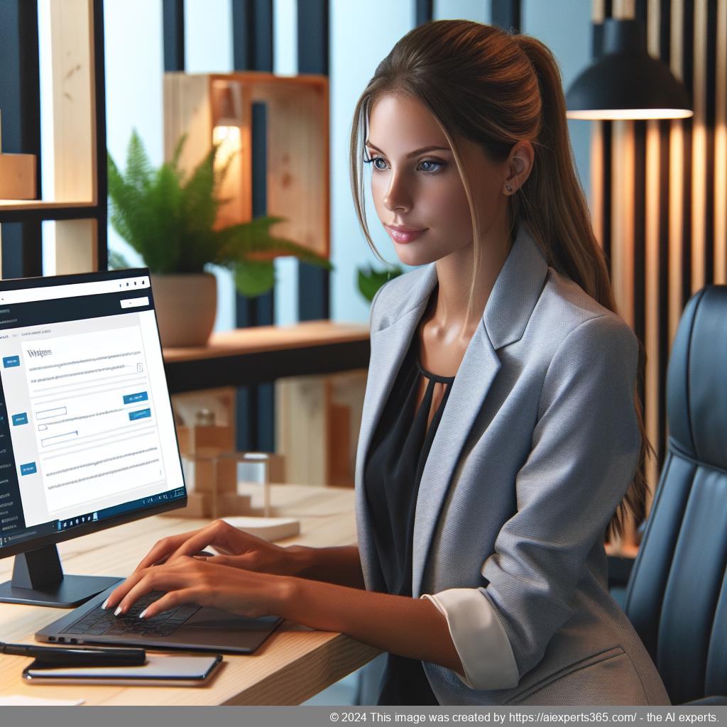 A professional-looking German woman interacting with an advanced WordPress chatbot interface on her laptop.