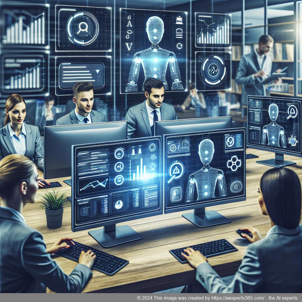 A professional setting showing a diverse group of individuals engaging with an AI-driven WordPress chatbot interface on various devices.