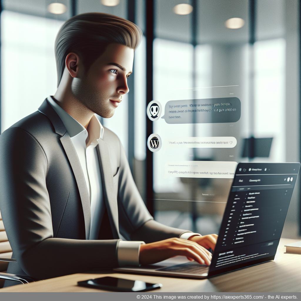 A professional setting showcasing a person interacting with a computer displaying a WordPress site using an AI-driven chatbot.