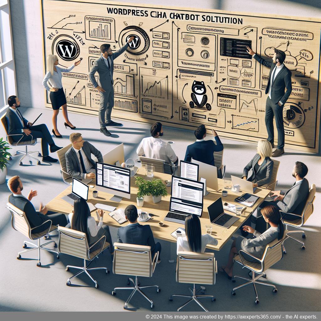 A professional setting showcasing a diverse team collaborating on implementing a WordPress chatbot solution for enhanced customer engagement.