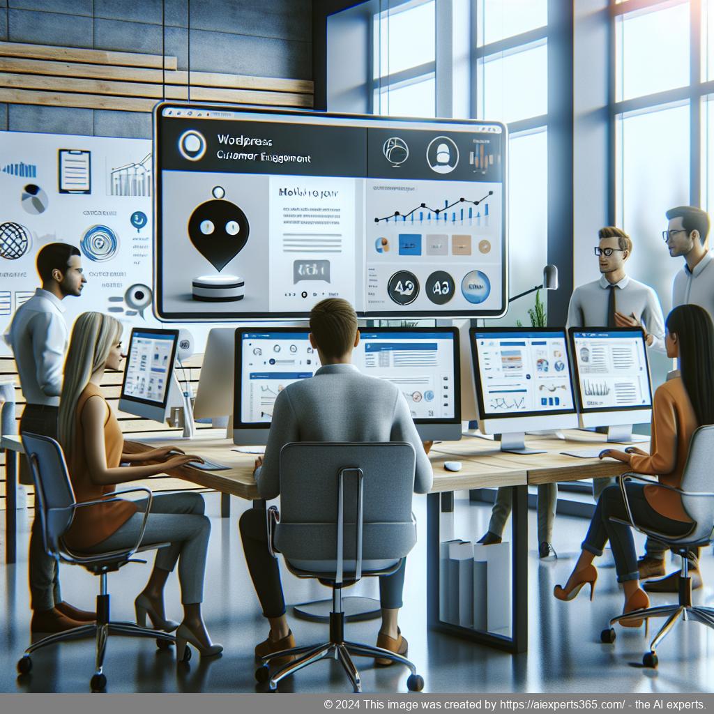 A professional setting showcasing a diverse team discussing strategies with an AI-driven WordPress chatbot interface displayed on their screens.