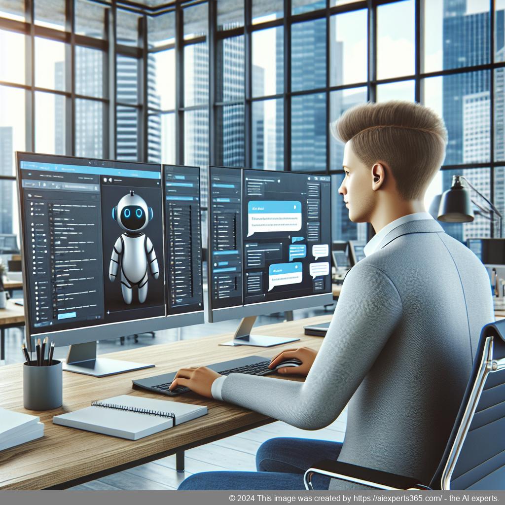 A professional looking at a computer screen displaying a chat interface of the best WordPress chatbot plugin.