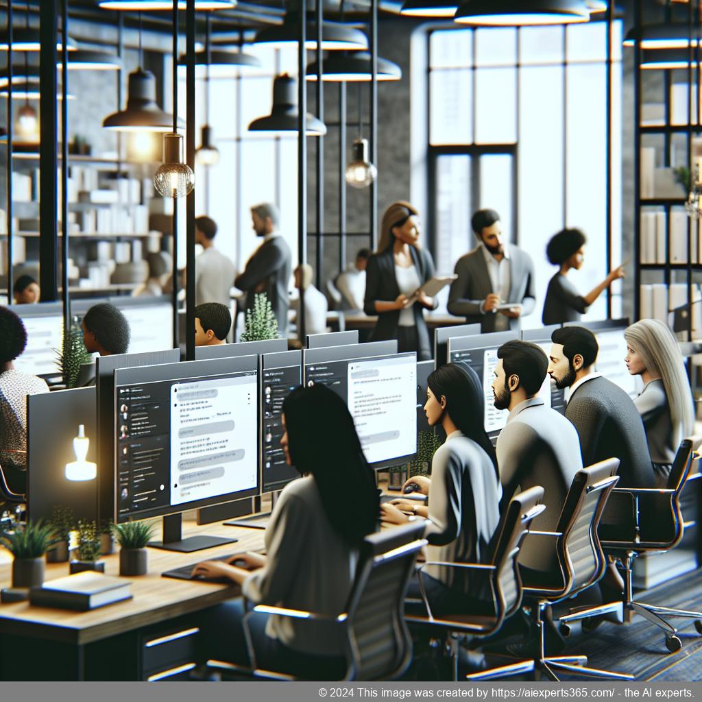 A professional setting showcasing a diverse team using a computer with a chatbot interface on a WordPress website.