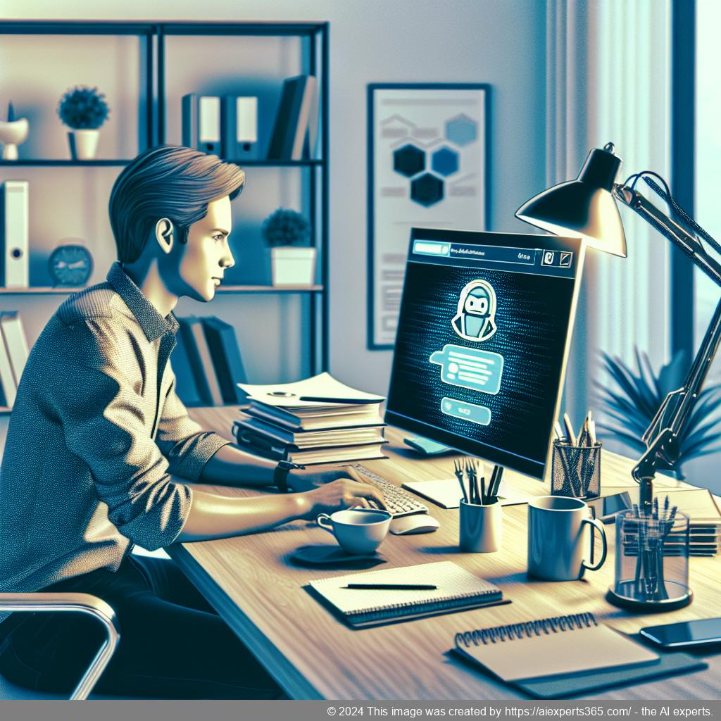 A professional setting showcasing a person interacting with an AI-driven WordPress chatbot on their laptop, emphasizing enhanced customer engagement.