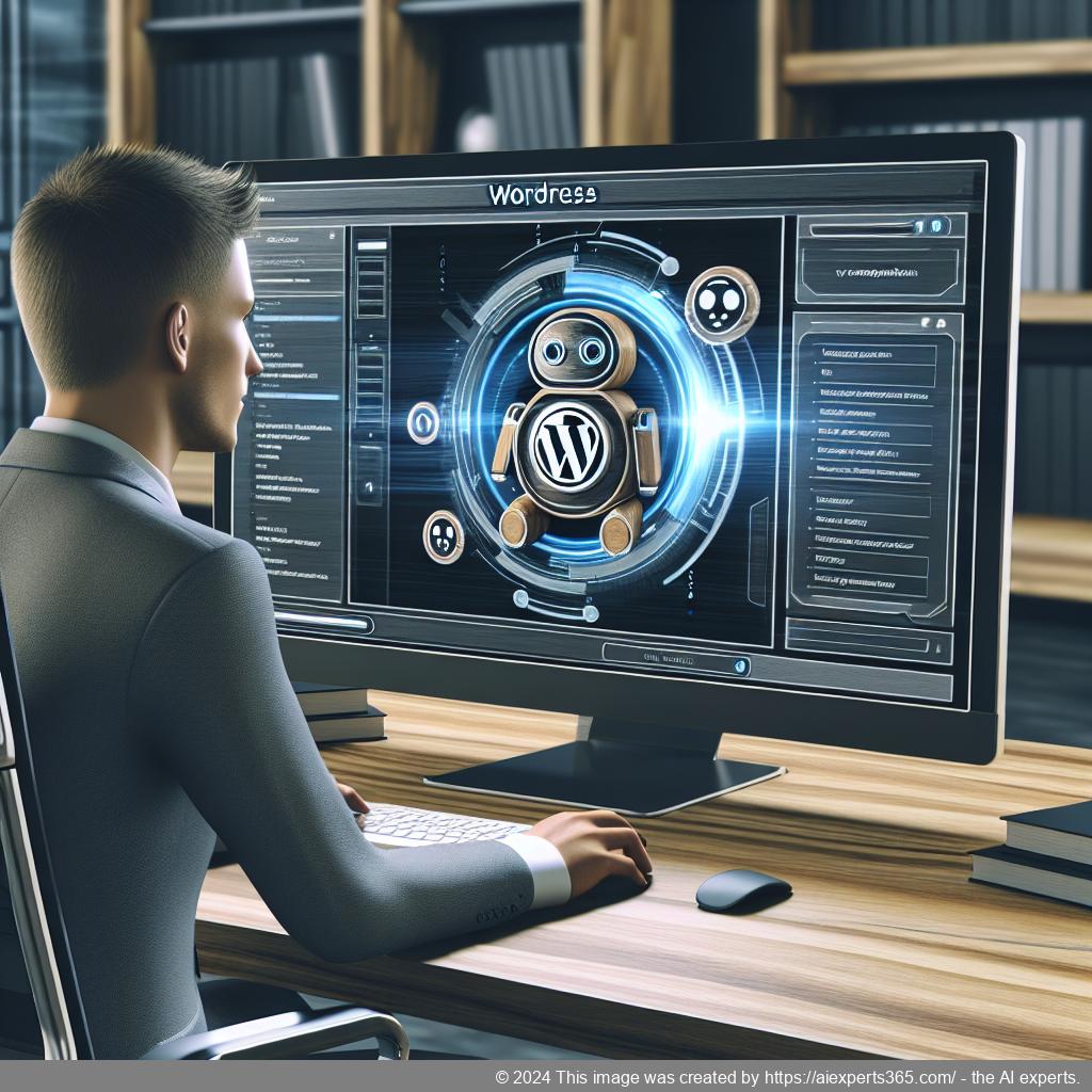 A visually appealing representation of a person interacting with a WordPress chatbot plugin interface showcasing features like FAQs and live chat options.