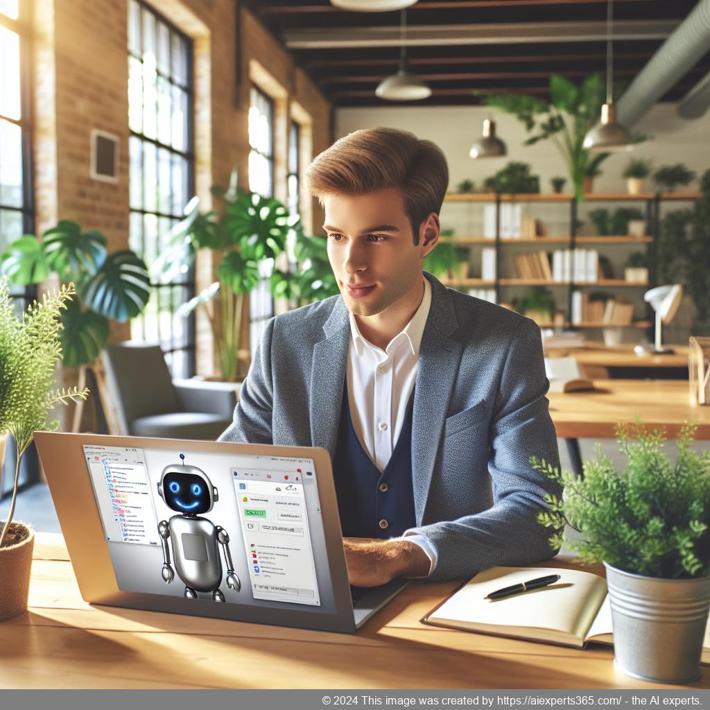 A visually engaging representation of a person interacting with a chatbot interface on a computer screen, showcasing the functionality of a WordPress chatbot plugin.