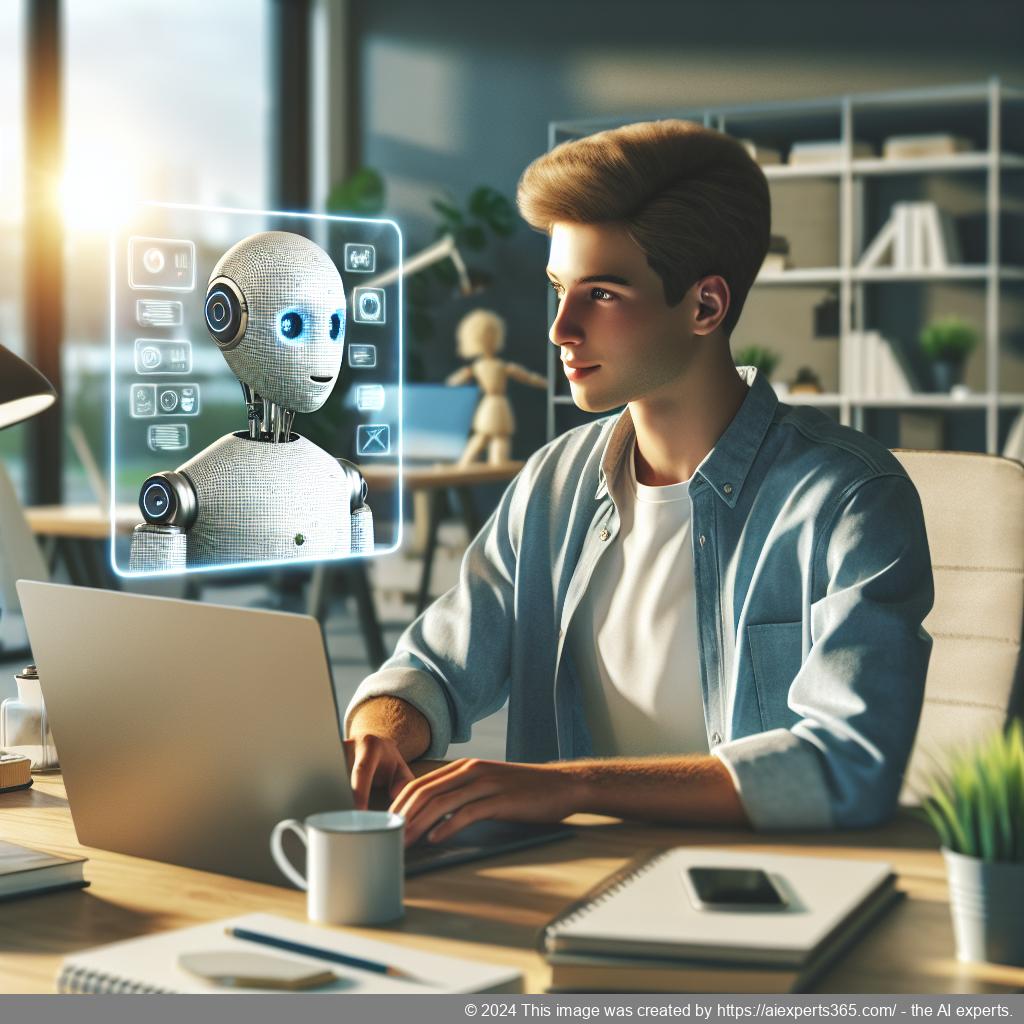 A professional setting showcasing a person interacting with an AI chatbot on a laptop screen within a modern office environment.