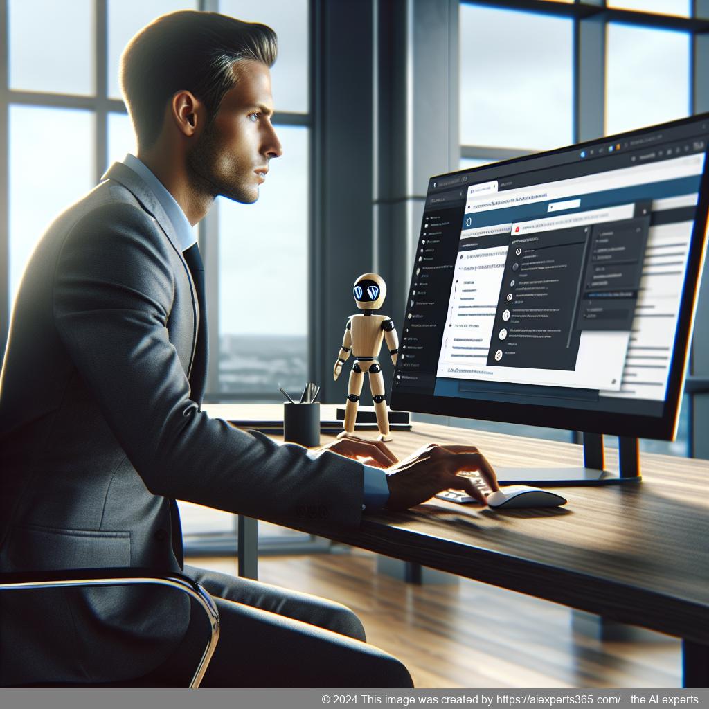 A professional setting showcasing a person interacting with a WordPress chatbot on a computer screen, symbolizing enhanced customer engagement through technology.